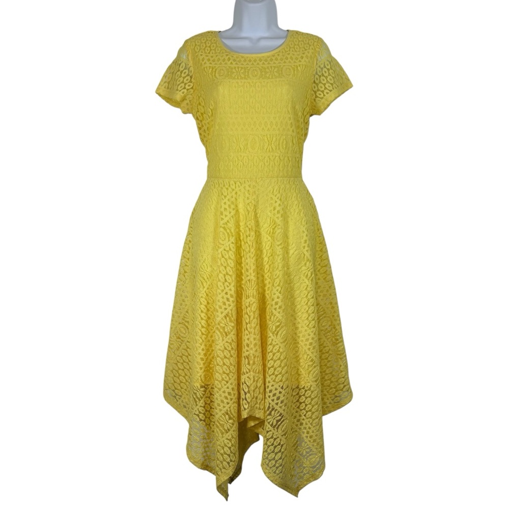 RN Studio by Ronni Nicole Yellow Lace Hi-Low Dress Size 6 Handkerchief Hem